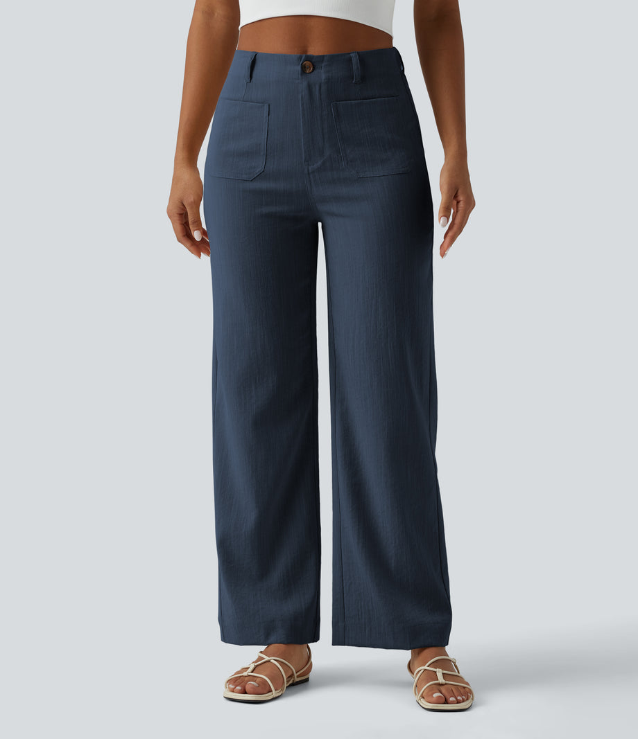 High Waisted Straight Leg Casual Linen-Feel Pants with Pockets - Deep Secluded Blue