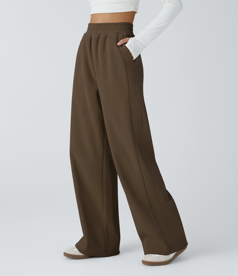 High Waisted Pocket Straight Leg Baggy Mop Corduroy Casual Pants - Dark Earthy Brown