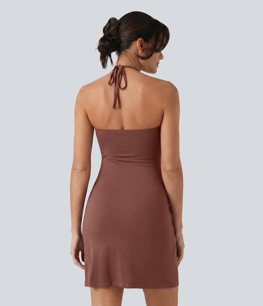 Halter Tie Back Mini Resort Dress with Pockets - Brick Dust