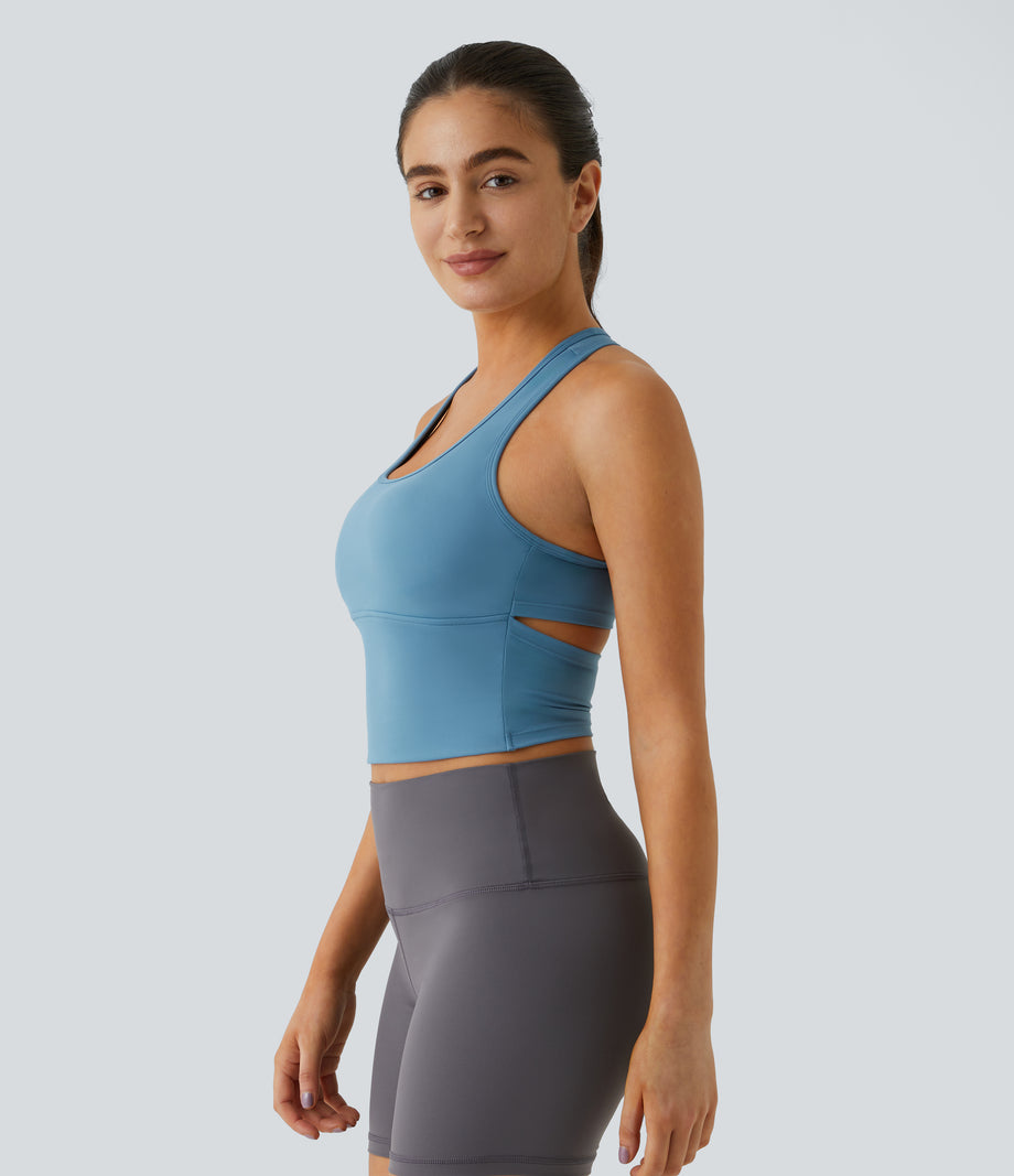 SoftlyZero™ Plush U Neck Racerback Cut Out Cropped Yoga Tank Top - Blue Heaven