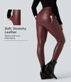 High Waisted Stretchy PU Fleece Casual Leggings with Pockets - Andorra