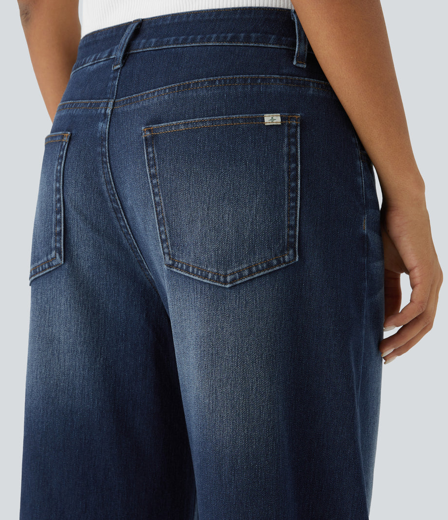 Halara Flex™ Low Rise Zipper Pockets Washed Baggy Wide Leg Casual Jeans - Distressed Denim Dark Blue