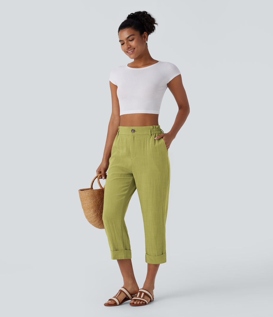 High Waisted Zipper Pocket Cropped Linen-Feel Pants - Moss