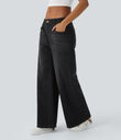 Halara Flex™ Low Rise Zipper Pockets Washed Baggy Wide Leg Casual Jeans - Deep Ink Black Denim