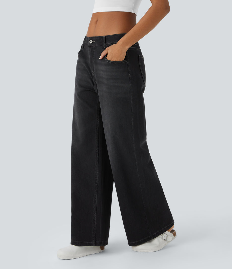 Halara Flex™ Low Rise Zipper Pockets Washed Baggy Wide Leg Casual Jeans - Deep Ink Black Denim