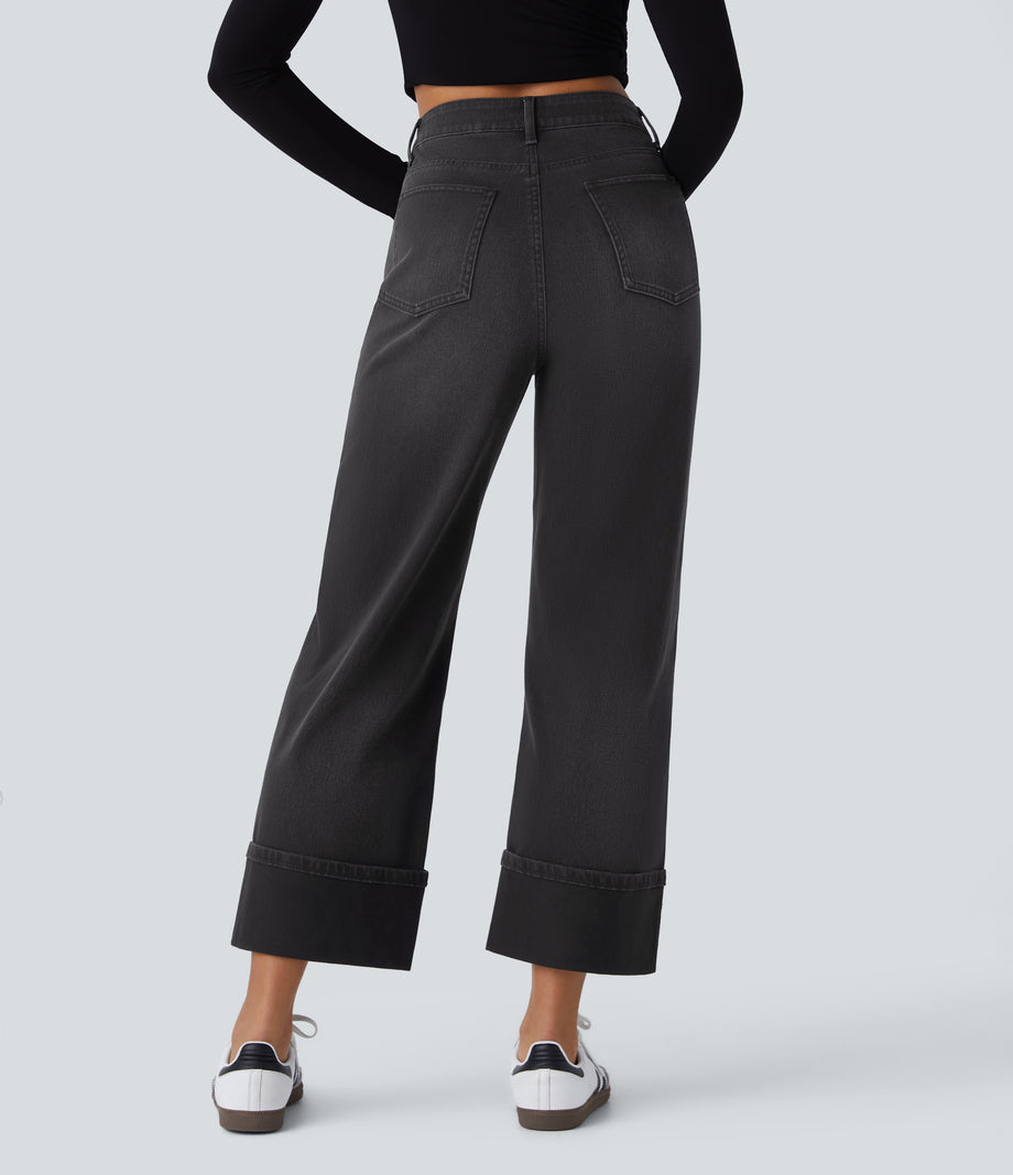Halara Flex™ High Waisted Pockets Rolled Hem Wide Leg Washed Casual Jeans - Deep Ink Black Denim