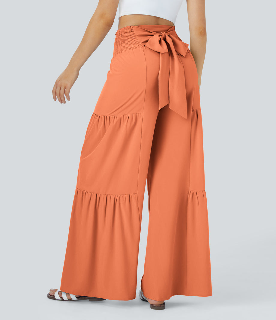 Breezeful™ High Waisted Shirred Tie Front & Back Wide Leg Flowy Quick Dry Casual Pants - Blush Orange