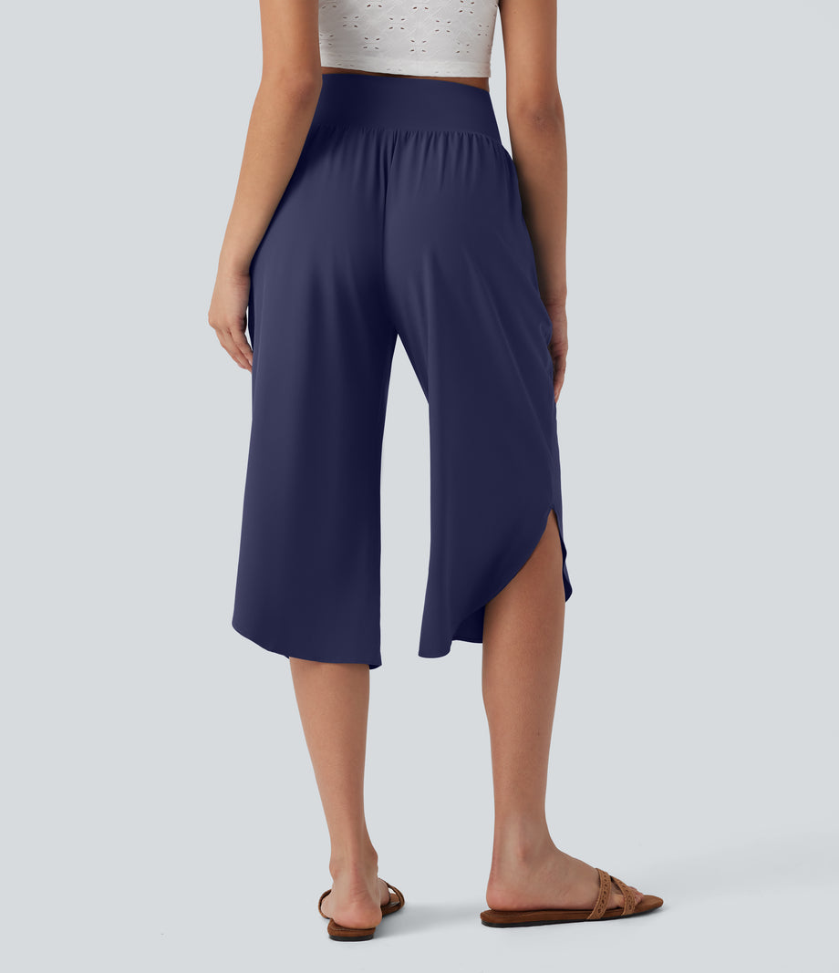 Breezeful™ High Waisted Tummy Control Hem Quick Dry Capri Pants with Pockets - Patriot Blue