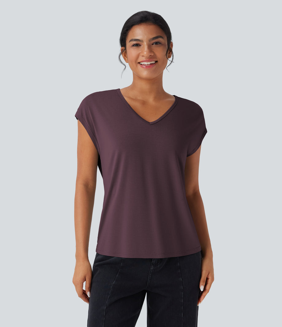 V Neck Short Sleeve Casual T-Shirt - Maroon Banner