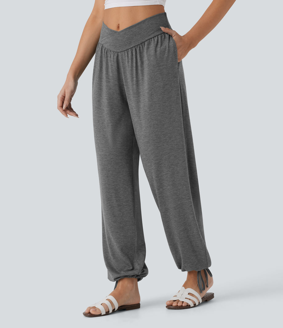 Crossover High Waisted Pocket Drawstring Casual Joggers - Darl Gray Floral Yarn