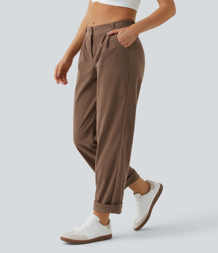 Mid Rise Zipper Pocket Corduroy Casual Pants - Acorn