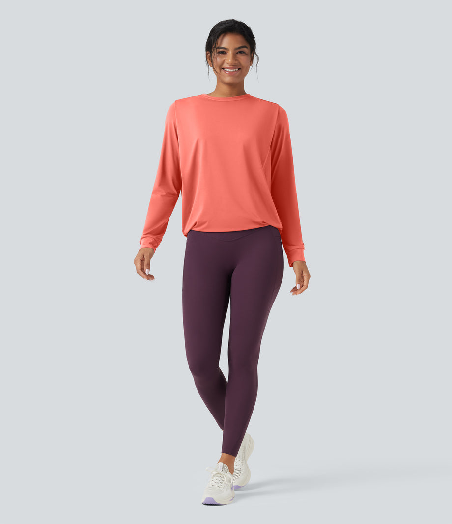 Round Neck Long Sleeve Ruched Yoga Sports Top-UPF50+ - Fusion Coral