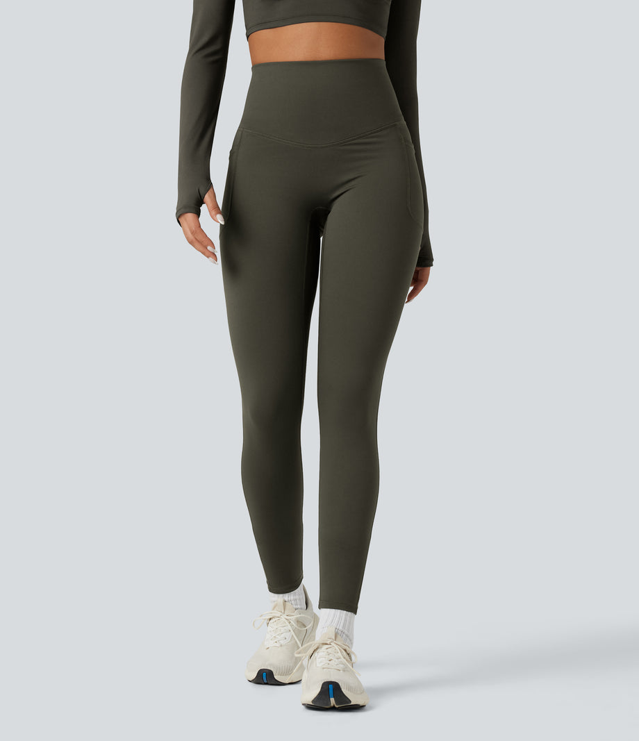 Halara Ultrasculpt™ Heat High Waisted Tummy Control Crossover Back Fleece Running Leggings with Pockets - Forest Night