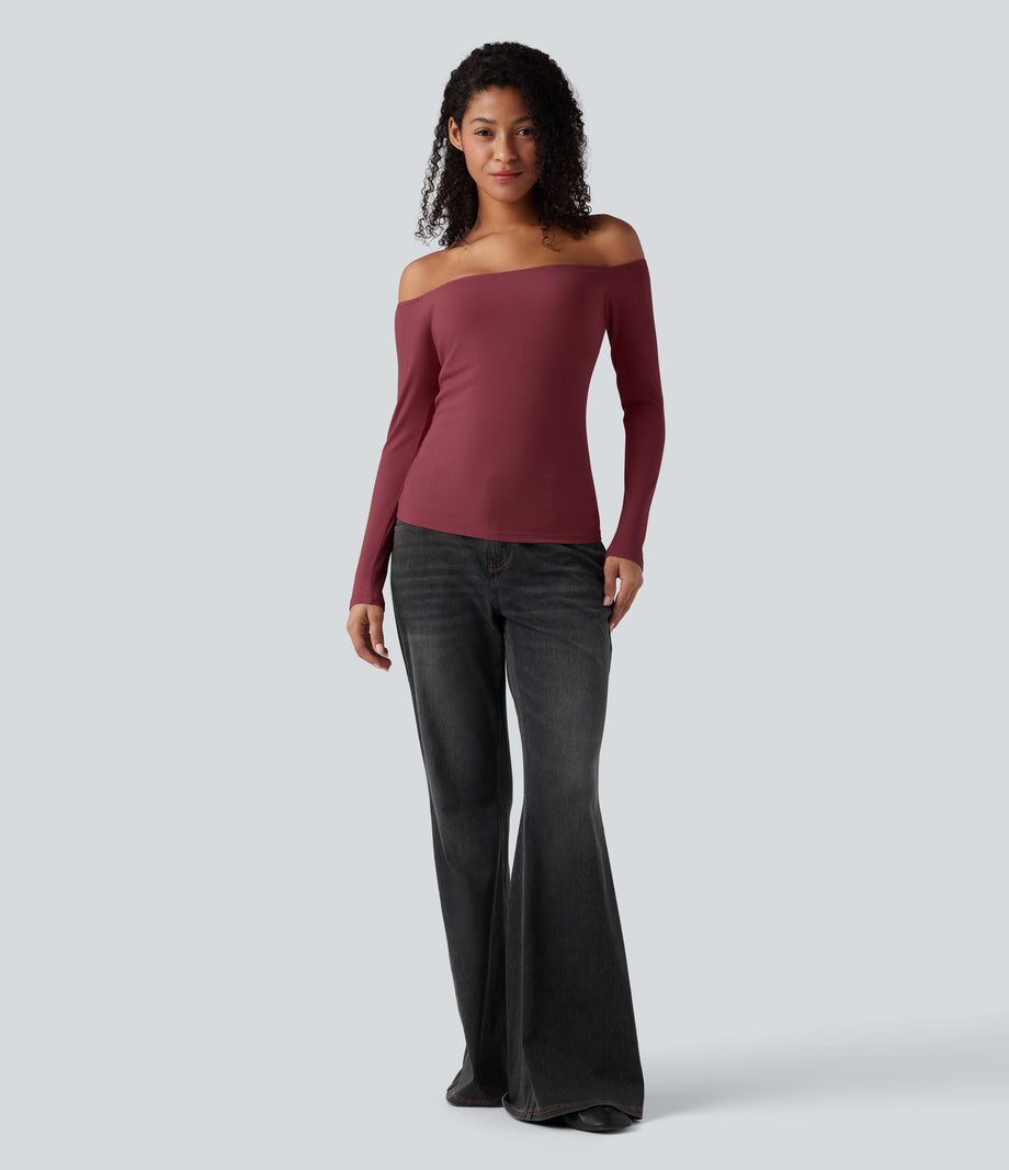 Ribbed Knit Off Shoulder Long Sleeve 2-in-1 Casual Top - Ruby Wine