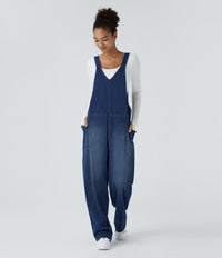 Halara Flex™ V Neck Pocket Washed Denim Casual Overalls - Serene Blue Denim