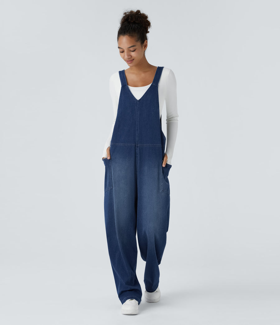 Celeste L'Amour Flex™ V Neck Pocket Washed Denim Casual Overalls