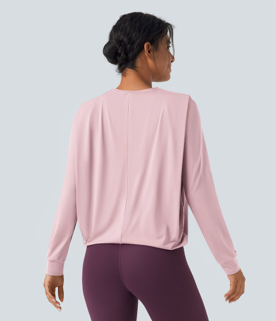 Round Neck Long Sleeve Ruched Yoga Sports Top-UPF50+ - Primrose Pink