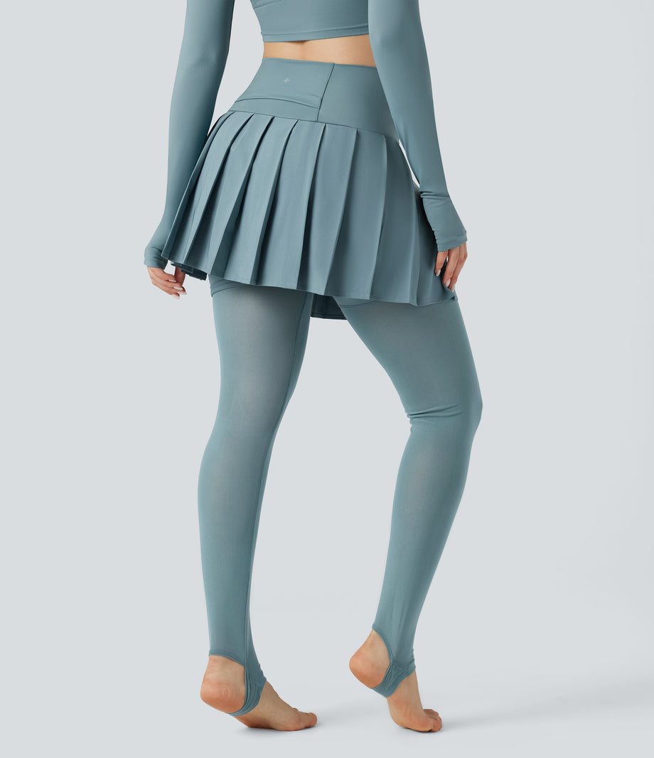 Breezeful™ High Waisted Pleated 2-in-1 Contrast Mesh Quick Dry Dance Stirrup Skirted Leggings with Pockets - Stone Blue