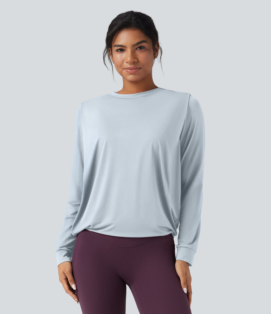 Round Neck Long Sleeve Ruched Yoga Sports Top-UPF50+ - Illusion Blue