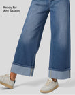Halara Flex™ High Waisted Pockets Rolled Hem Wide Leg Washed Casual Jeans - Blue Spruce Denim