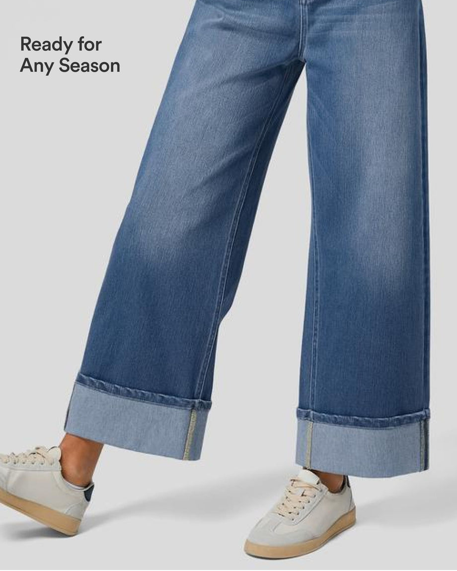 Halara Flex™ High Waisted Pockets Rolled Hem Wide Leg Washed Casual Jeans - Blue Spruce Denim