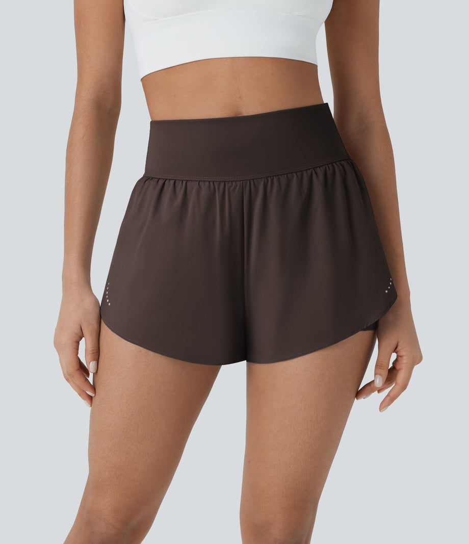 SoftlyZero™ QuickDry High Waisted Tummy Control Reflective Dots Crossover Hem 2-in-1 Running Shorts 3'' with Pockets - Hot Fudge