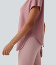 One Shoulder Short Sleeve Curved Hem High Low Quick Dry Yoga Sports Top - Soft Berry
