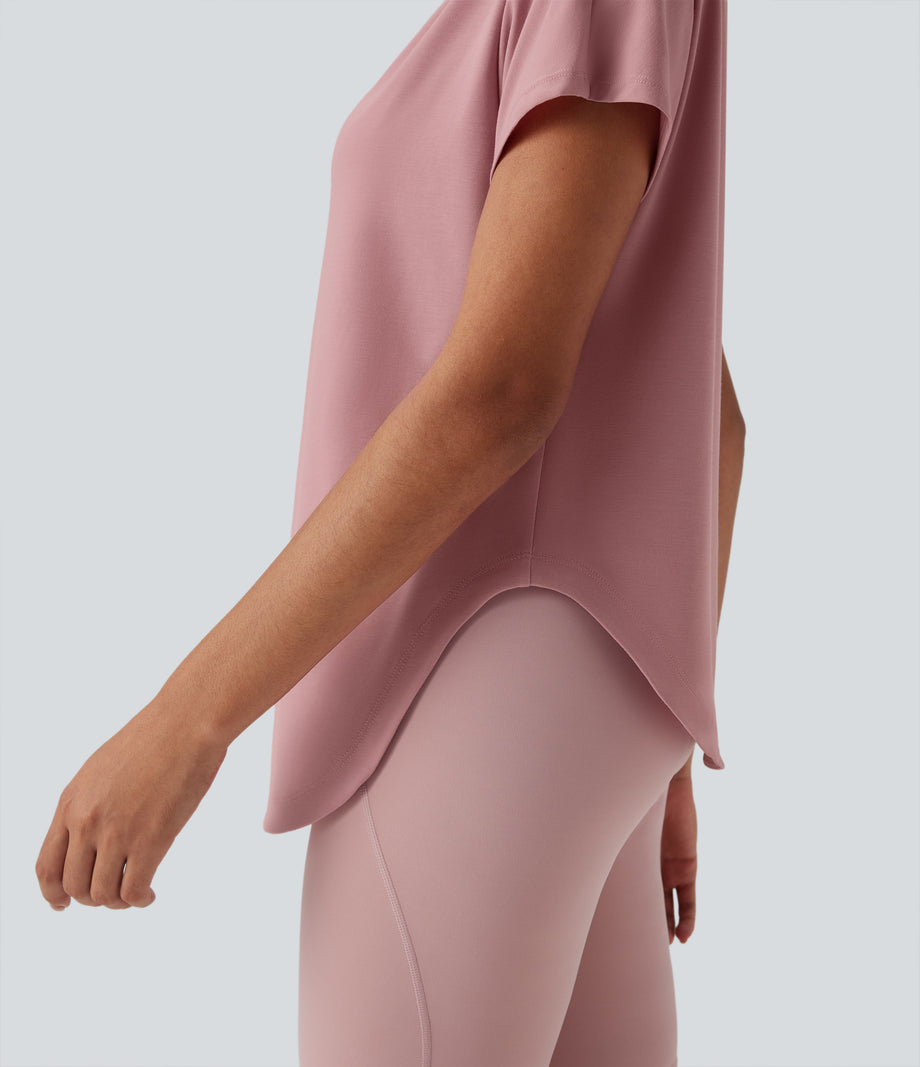 One Shoulder Short Sleeve Curved Hem High Low Quick Dry Yoga Sports Top - Soft Berry