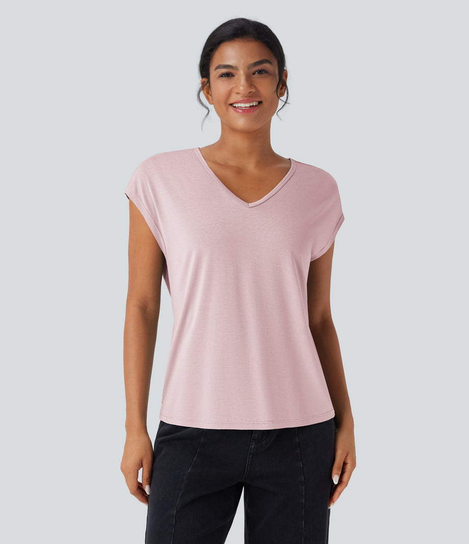 V Neck Short Sleeve Casual T-Shirt - Porcelain Pink
