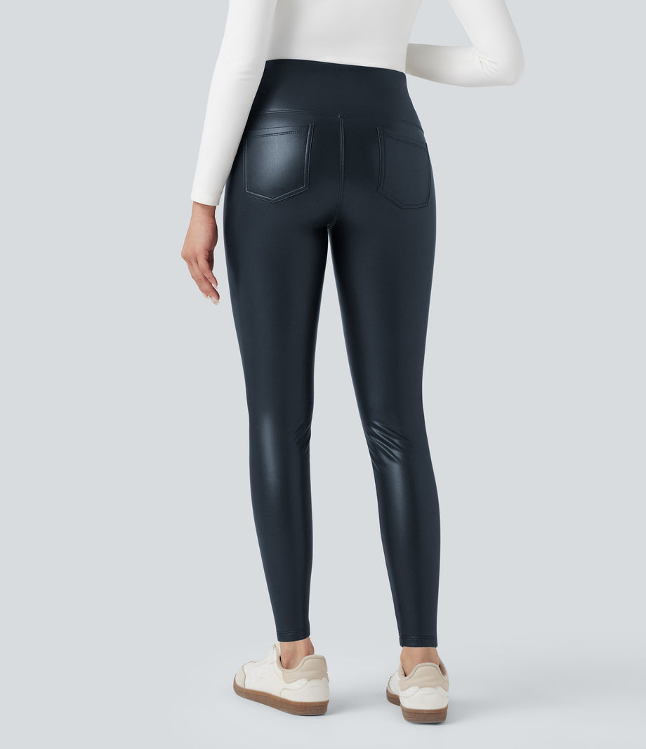 High Waisted Tummy Control Stretchy PU Fleece 7/8 Skinny Casual Leggings with Pockets - Stratified Sea