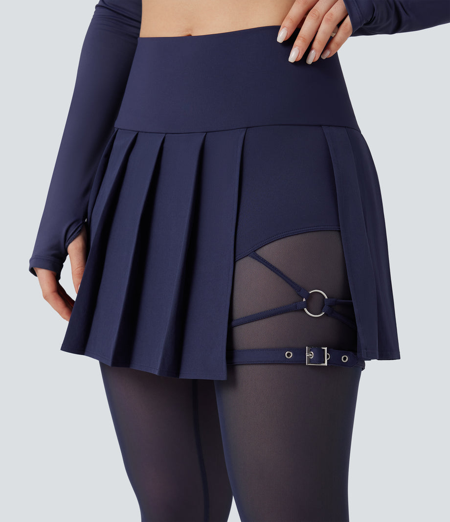 Breezeful™ High Waisted Pleated 2-in-1 Contrast Mesh Quick Dry Dance Stirrup Skirted Leggings with Pockets - Patriot Blue