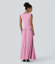 Ribbed Boat Neck Asymmetric Strap Ruched Pocket Flowy Maxi Casual Dress - Sweet Lilac