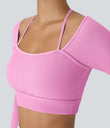 Ribbed Halter Strap Thumb Hole Cropped Yoga Sports Top - Soft Light Purple