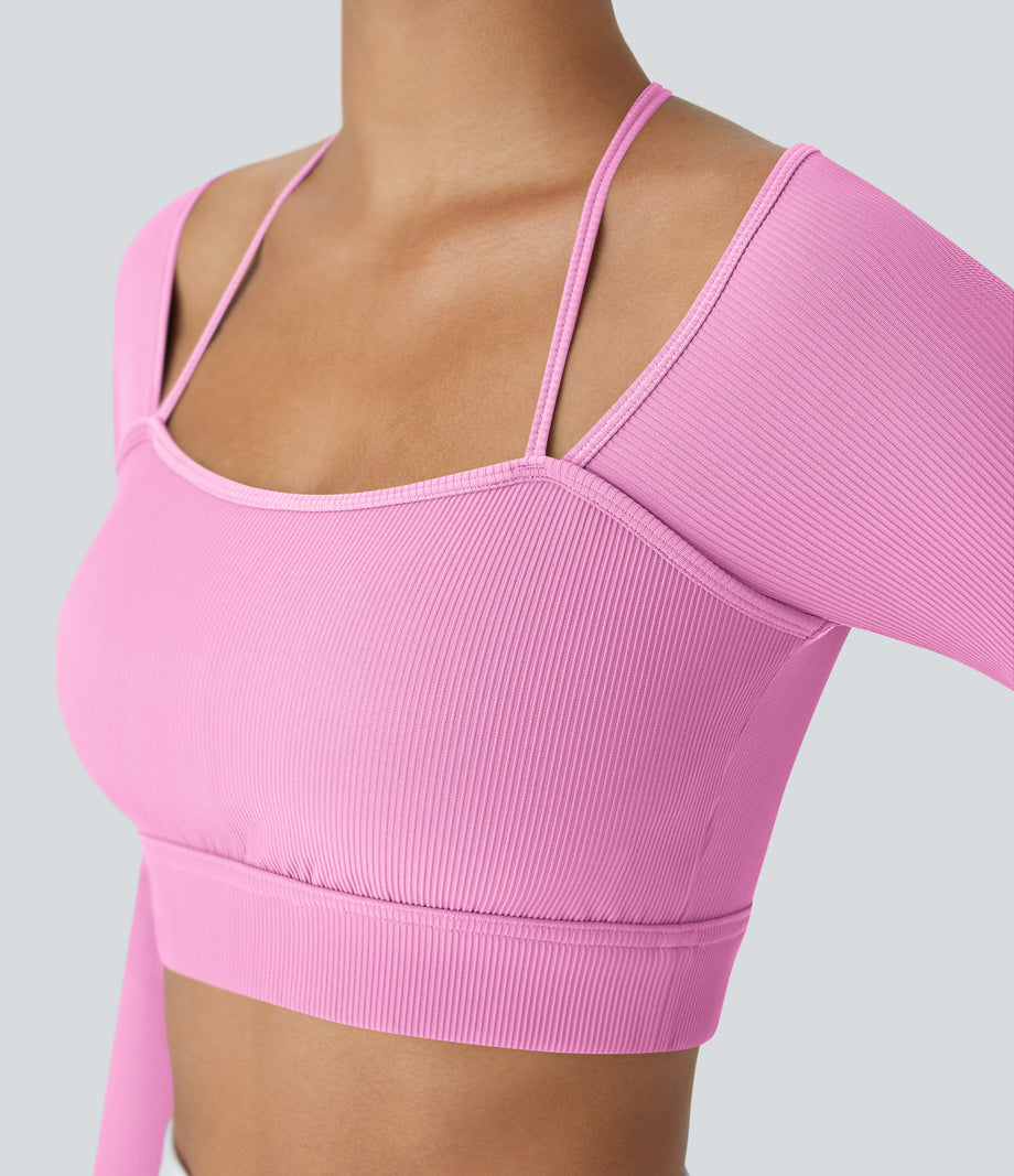 Ribbed Halter Strap Thumb Hole Cropped Yoga Sports Top - Soft Light Purple
