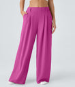 High Waisted Pocket Wide Leg Flowy Solid Palazzo Casual Linen-Feel Pants - Rose Violet