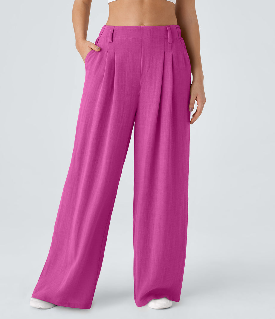 High Waisted Pocket Wide Leg Flowy Solid Palazzo Casual Linen-Feel Pants - Rose Violet
