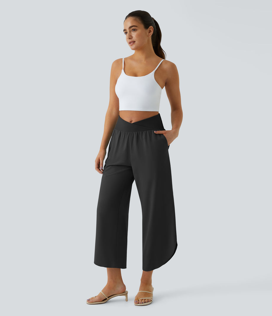 Breezeful™ High Waisted Crossover Quick Dry Resort Pants with Pockets - Black