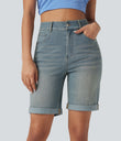 Halara Flex™ High Waisted Pockets Rolled Hem Washed Denim Casual Bermuda Shorts - Blue Surf Denim