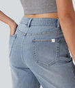 Halara Flex™ High Waisted Pockets Rolled Hem Washed Denim Casual Bermuda Shorts - Malibu Blue Denim