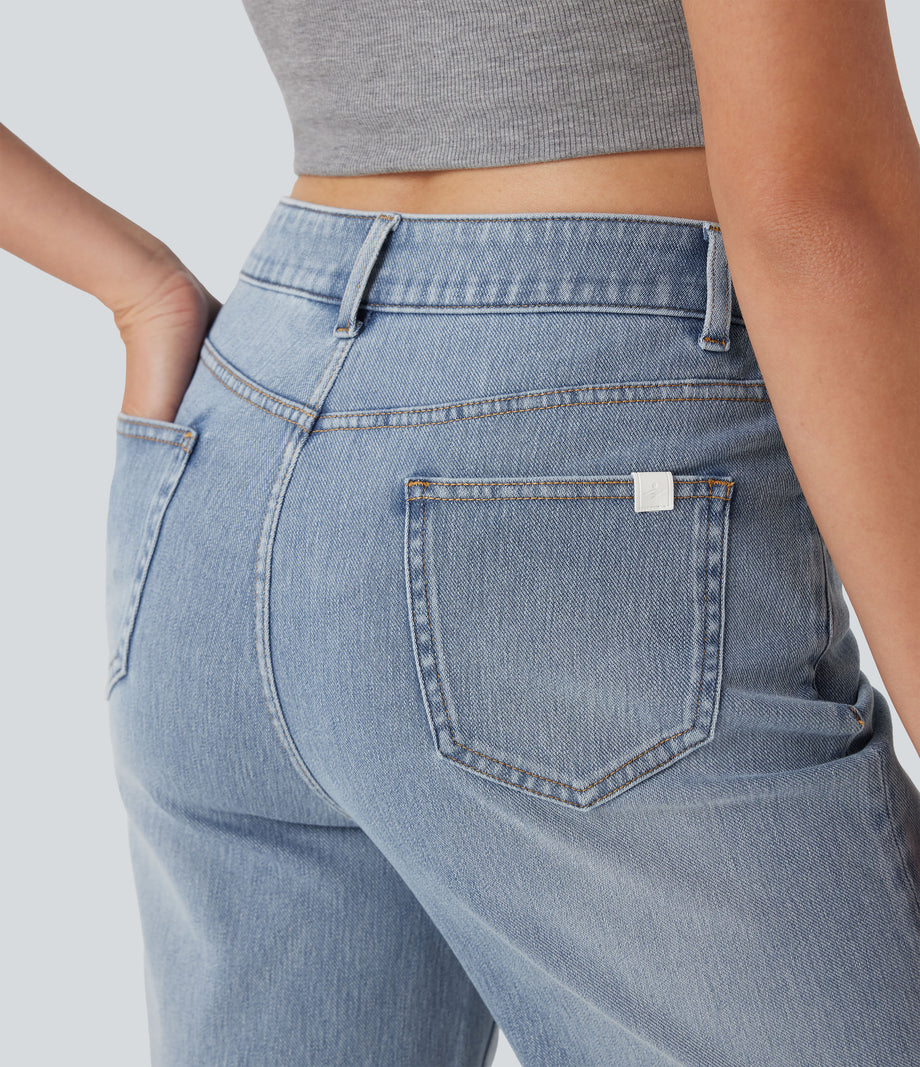 Halara Flex™ High Waisted Pockets Rolled Hem Washed Denim Casual Bermuda Shorts - Malibu Blue Denim