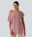 One Shoulder Short Sleeve Curved Hem High Low Quick Dry Yoga Sports Top - Soft Berry