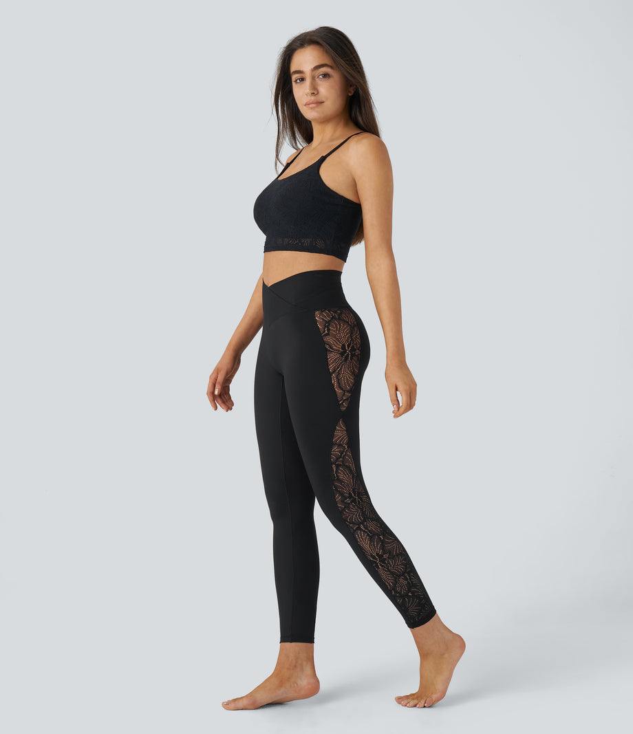 SoftlyZero™ High Waisted Crossover Contrast Lace Pocket Yoga Leggings-UPF50+ - Black