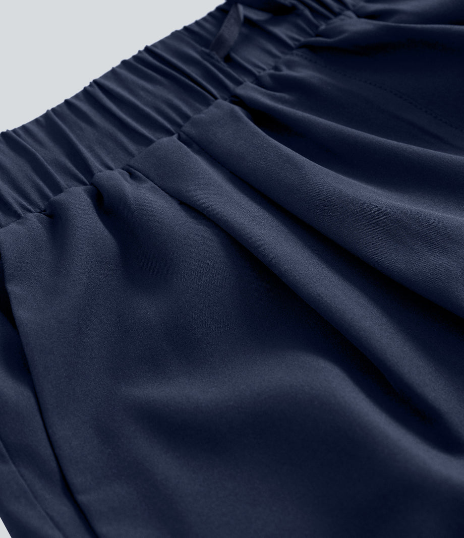 High Waisted Elastic Waistband Drawstring Pleated Yoga Shorts 3" with Pockets - Night Blue
