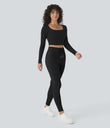 SoftlyZero™ Plush High Waisted Drawstring Pocket Plain Full Length Joggers - Black