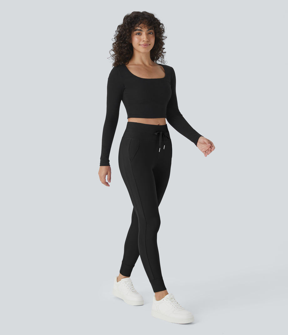 SoftlyZero™ Plush High Waisted Drawstring Pocket Plain Full Length Joggers - Black