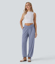 Crossover High Waisted Pocket Drawstring Casual Joggers - Light Blue Floral Yarn