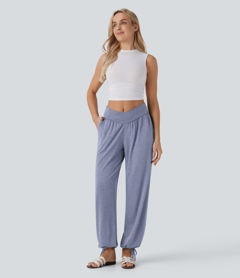 Crossover High Waisted Pocket Drawstring Casual Joggers - Light Blue Floral Yarn