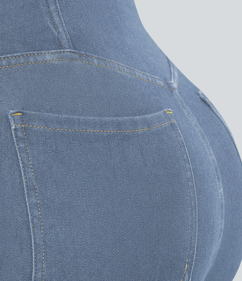 Halara Flex™ High Waisted Crossover Pocket Cool Touch Washed Casual Jeans - Pastel Blue Denim