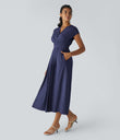 Breezeful™ V Neck Short Sleeve Pocket Tie Back Quick Dry Midi Casual Dress-Longer Length - Patriot Blue