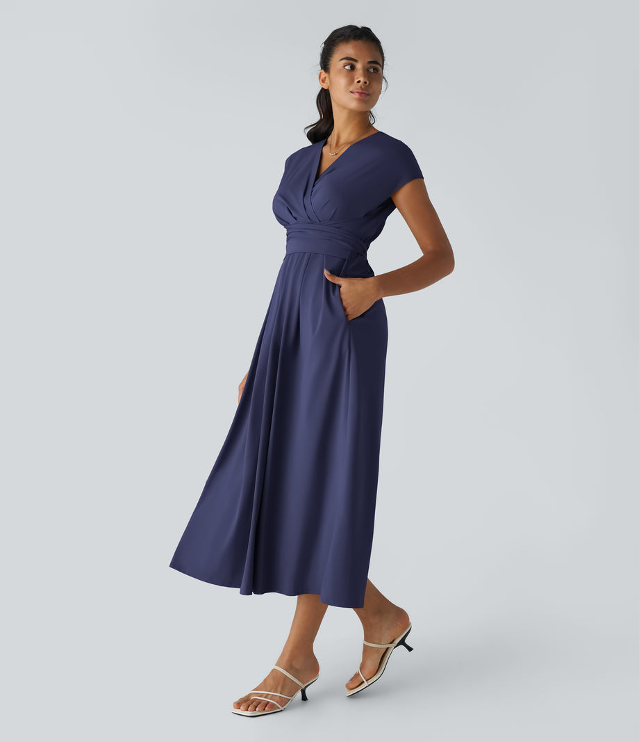 Breezeful™ V Neck Short Sleeve Pocket Tie Back Quick Dry Midi Casual Dress-Longer Length - Patriot Blue